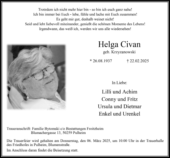 Anzeige von Helga Civan von  Wochenende 