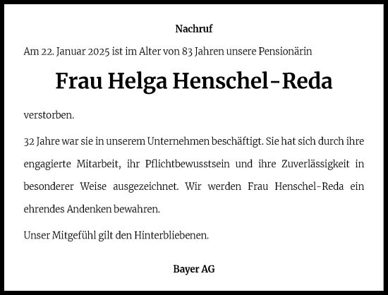 Anzeige von Helga Henschel-Reda von Kölner Stadt-Anzeiger / Kölnische Rundschau / Express