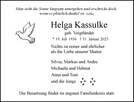 Anzeige von Helga Kassulke von Kölner Stadt-Anzeiger / Kölnische Rundschau / Express