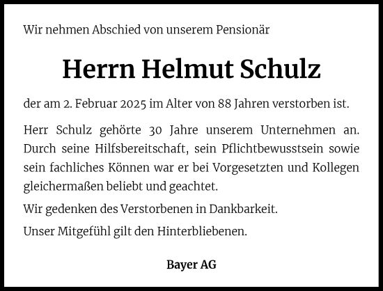 Anzeige von Helmut Schulz von Kölner Stadt-Anzeiger / Kölnische Rundschau / Express