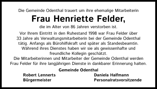 Anzeige von Henriette Felder von Kölner Stadt-Anzeiger / Kölnische Rundschau / Express