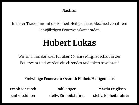 Anzeige von Hubert Lukas von Kölner Stadt-Anzeiger / Kölnische Rundschau / Express