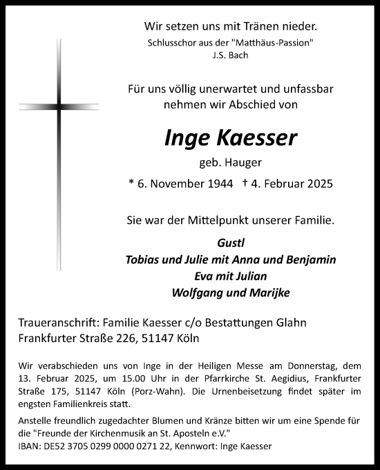 Anzeige von Inge Kaesser von Kölner Stadt-Anzeiger / Kölnische Rundschau / Express