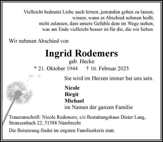 Anzeige von Ingrid Rodemers von  Lokalanzeiger 