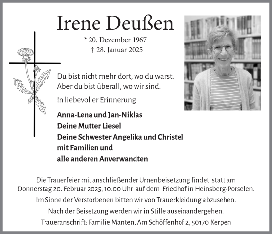 Anzeige von Irene Deußen von  Werbepost 