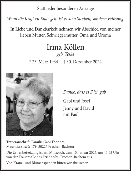 Anzeige von Irma Köhlen von  Wochenende 