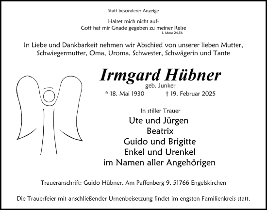 Anzeige von Irmgard Hübner von  Anzeigen Echo 