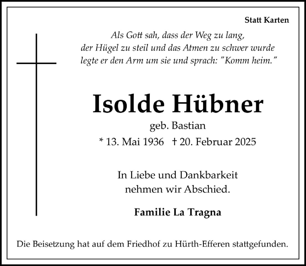  Traueranzeige für Isolde Hübner vom 28.02.2025 aus  Wochenende 