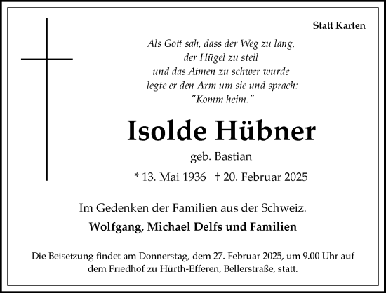 Anzeige von Isolde Hübner von Kölner Stadt-Anzeiger / Kölnische Rundschau / Express