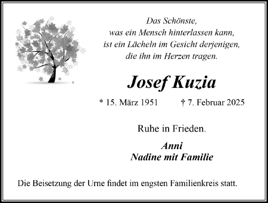 Anzeige von Josef Kuzia von  Lokale Informationen 