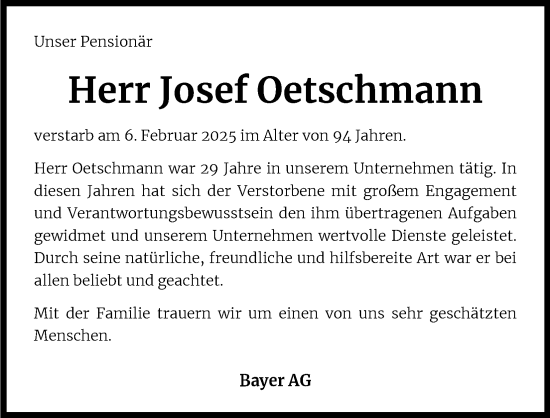 Anzeige von Josef Oetschmann von Kölner Stadt-Anzeiger / Kölnische Rundschau / Express