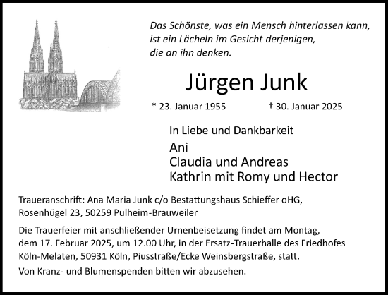 Anzeige von Jürgen Junk von Kölner Stadt-Anzeiger / Kölnische Rundschau / Express