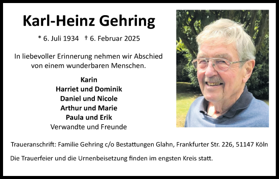 Anzeige von Karl-Heinz Gehring von  EXPRESS - Die Woche 