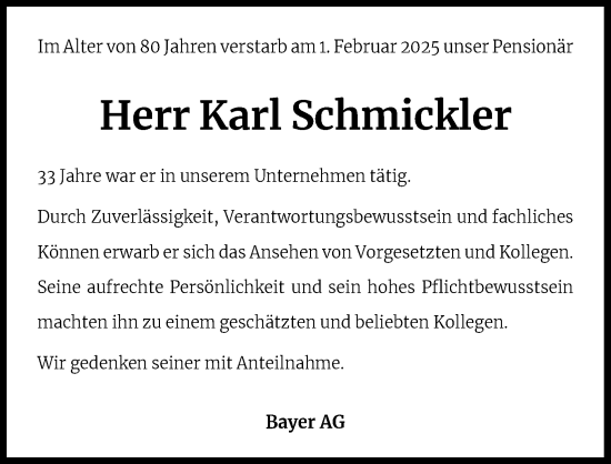 Anzeige von Karl Schmickler von Kölner Stadt-Anzeiger / Kölnische Rundschau / Express