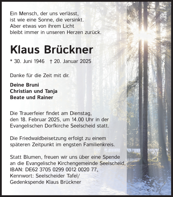 Anzeige von Klaus Brückner von Kölner Stadt-Anzeiger / Kölnische Rundschau / Express
