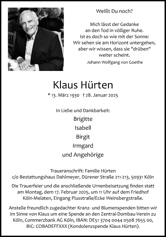 Anzeige von Klaus Hürten von Kölner Stadt-Anzeiger / Kölnische Rundschau / Express