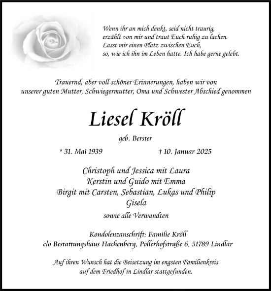 Anzeige von Liesel Kröll von  Anzeigen Echo 