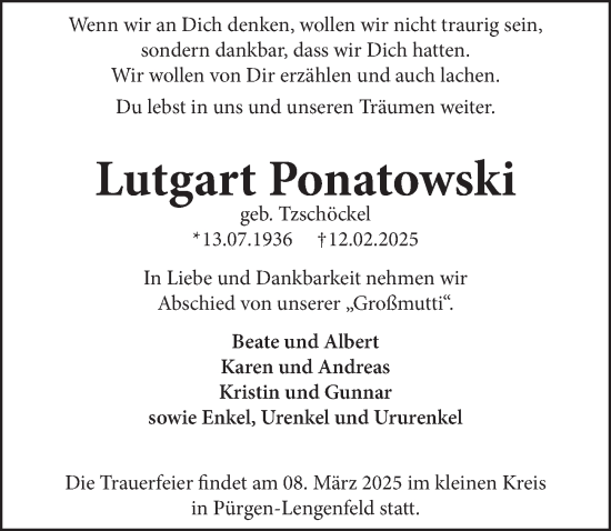 Anzeige von Lutgart Ponatowski von  Schlossbote/Werbekurier 