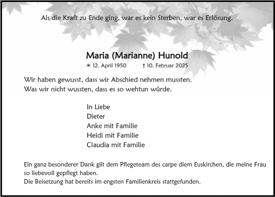 Anzeige von Maria Hunold von  Blickpunkt Euskirchen 