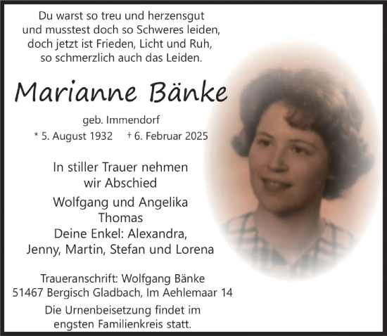Anzeige von Marianne Bänke von  Bergisches Handelsblatt 