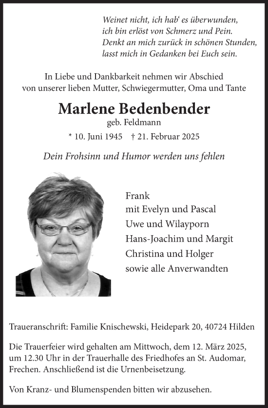 Anzeige von Marlene Bedenbender von  Wochenende 