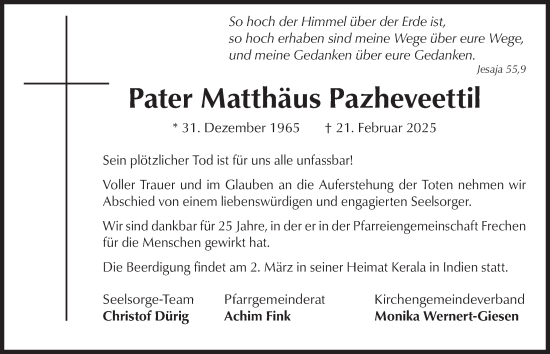 Anzeige von Matthäus Pazheveettil von  Wochenende 