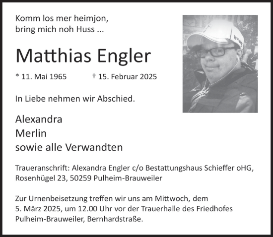Anzeige von Matthias Engler von  Wochenende 