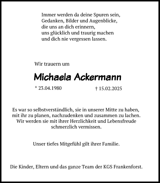 Anzeige von Michaela Ackermann von Kölner Stadt-Anzeiger / Kölnische Rundschau / Express