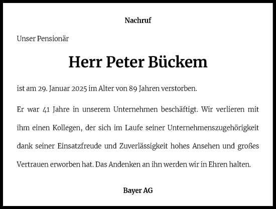 Anzeige von Peter Bückem von Kölner Stadt-Anzeiger / Kölnische Rundschau / Express