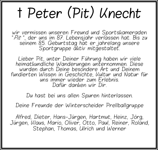 Anzeige von Peter Knecht von Kölner Stadt-Anzeiger / Kölnische Rundschau / Express