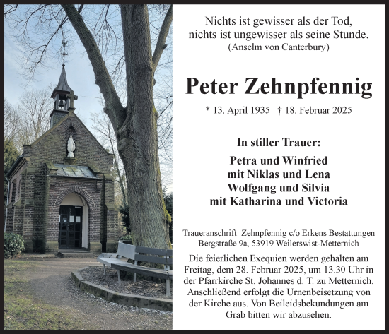 Anzeige von Peter Zehnpfennig von  Blickpunkt Euskirchen 