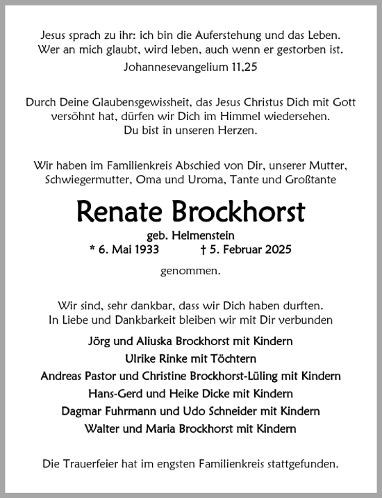 Anzeige von Renate Brockhorst von  Anzeigen Echo 