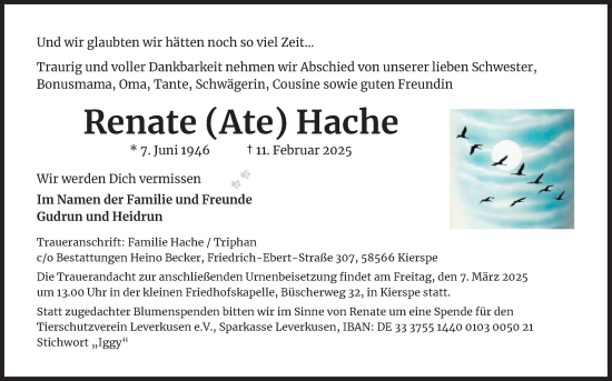 Anzeige von Renate Hache von Kölner Stadt-Anzeiger / Kölnische Rundschau / Express