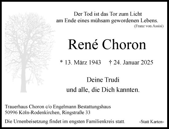 Anzeige von Rene Choron von Kölner Stadt-Anzeiger / Kölnische Rundschau / Express