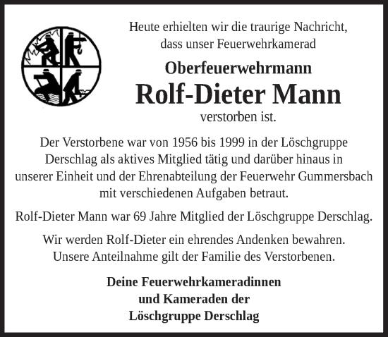 Anzeige von Rolf-Dieter Mann von  Anzeigen Echo 