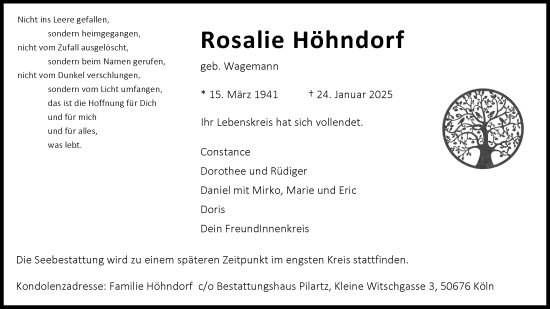 Anzeige von Rosalie Höhndorf von Kölner Stadt-Anzeiger / Kölnische Rundschau / Express