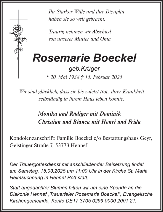 Anzeige von Rosemarie Boeckel von  Extra Blatt 