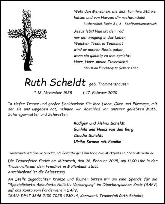 Anzeige von Ruth Scheldt von Kölner Stadt-Anzeiger / Kölnische Rundschau / Express