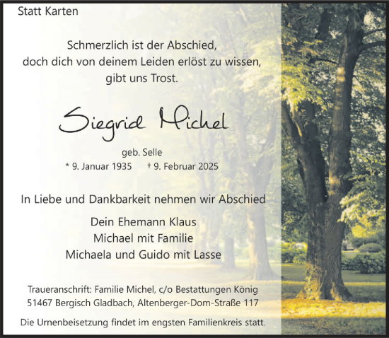 Anzeige von Siegrid Michel von  Bergisches Handelsblatt 