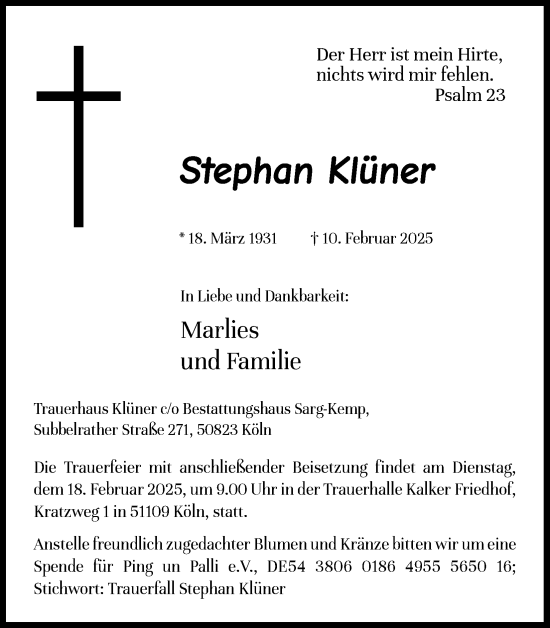 Anzeige von Stephan Klüner von Kölner Stadt-Anzeiger / Kölnische Rundschau / Express