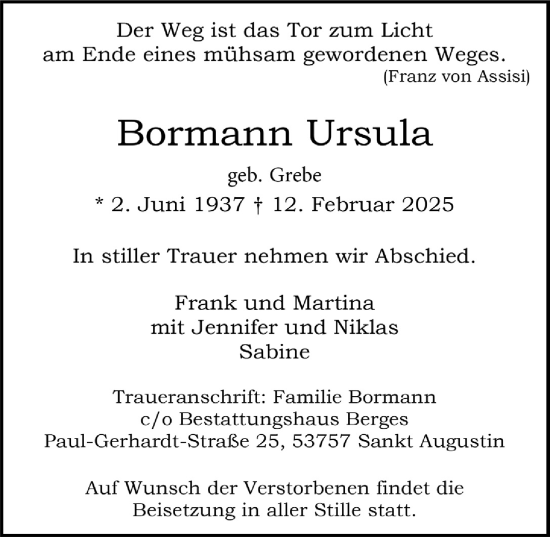 Anzeige von Ursula Bormann von  Extra Blatt 