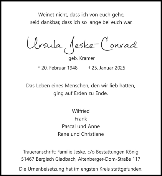 Anzeige von Ursula Jeske-Conrad von  Bergisches Handelsblatt 