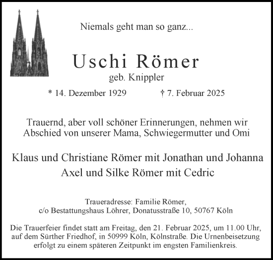 Anzeige von Uschi Römer von Kölner Stadt-Anzeiger / Kölnische Rundschau / Express