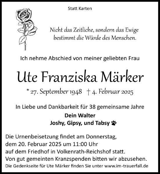 Anzeige von Ute Franziska Märker von  Anzeigen Echo 