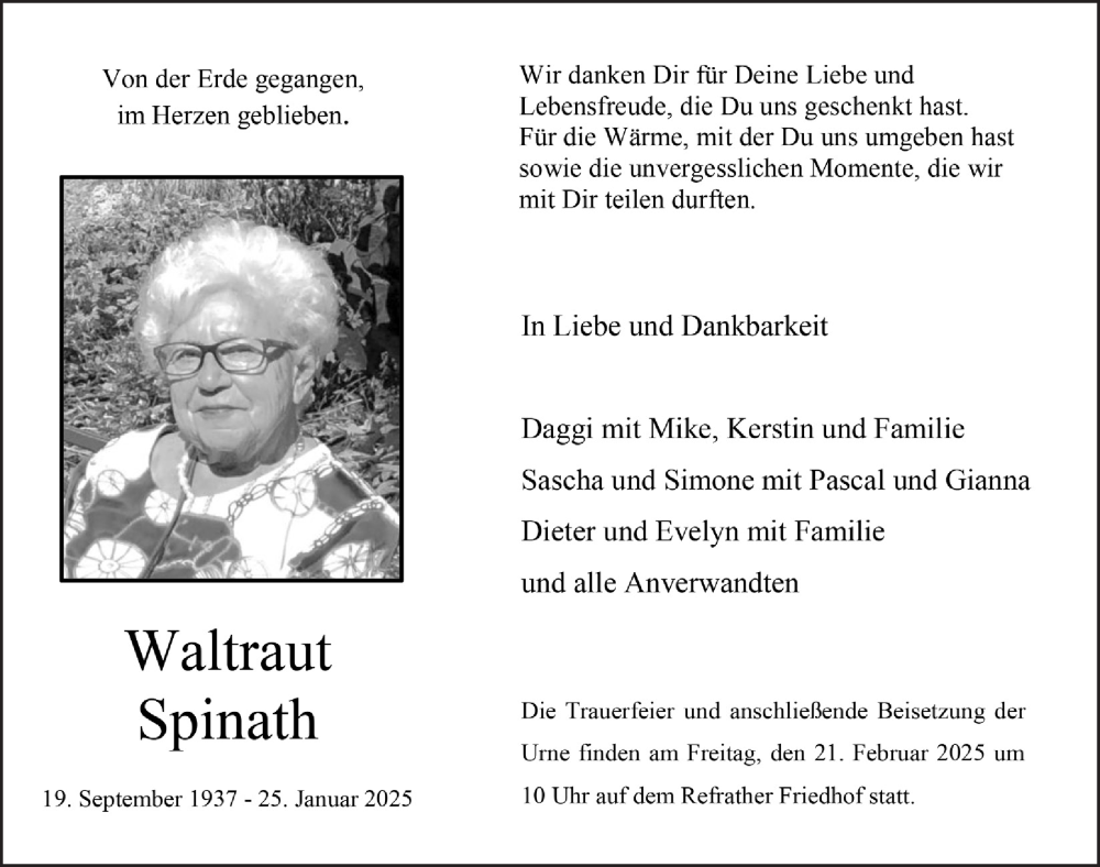 Traueranzeige für Waltraut Spinath vom 14.02.2025 aus  Bergisches Handelsblatt 
