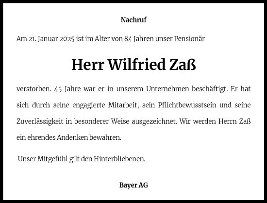Anzeige von Wilfried Zaß von Kölner Stadt-Anzeiger / Kölnische Rundschau / Express