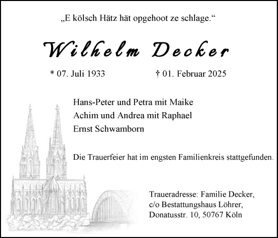 Anzeige von Wilhelm Decker von Kölner Stadt-Anzeiger / Kölnische Rundschau / Express