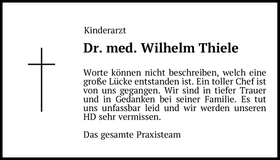 Anzeige von Wilhelm Thiele von Kölner Stadt-Anzeiger / Kölnische Rundschau / Express