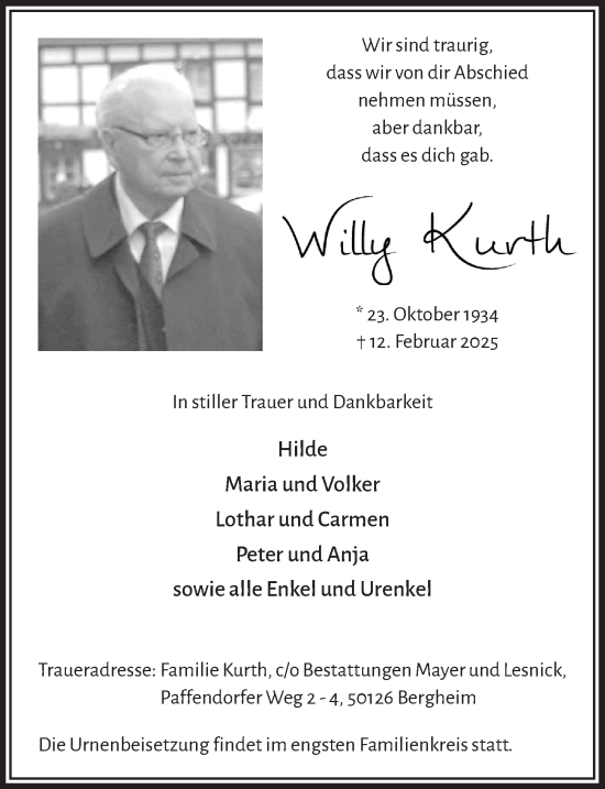 Anzeige von Willy Kurth von  Werbepost 