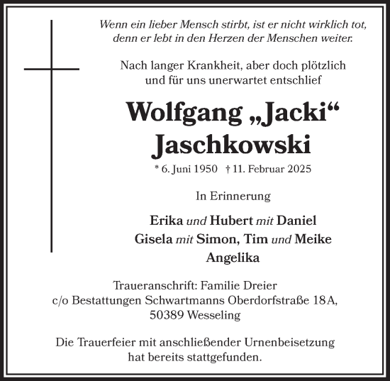 Anzeige von Wolfgang Jaschkowski von  Schlossbote/Werbekurier 